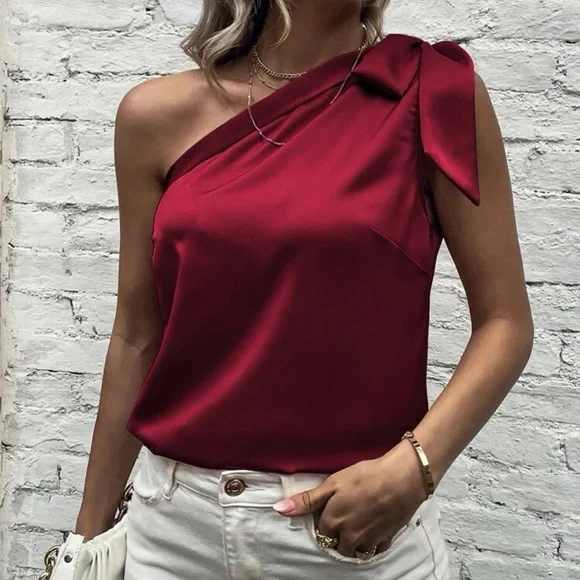 Satin silky one shoulder bow blouse tank top light pink - Picture 11 of 11